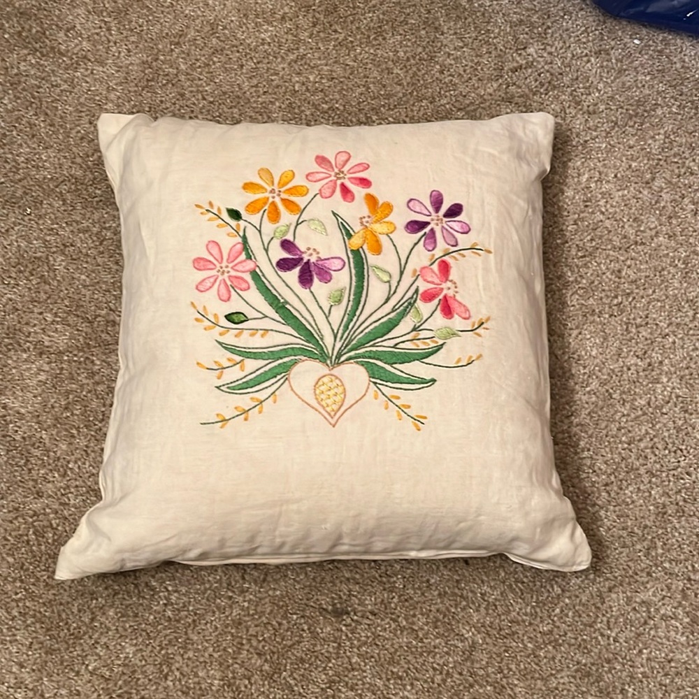 Embroidered Floral Throw  Pillow